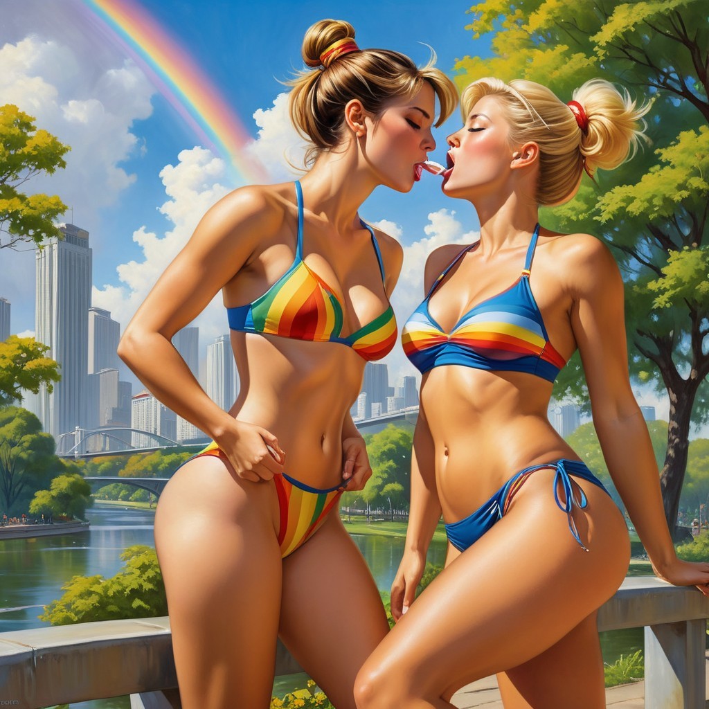 Women in Rainbow Bikinis by City Skyline and Park