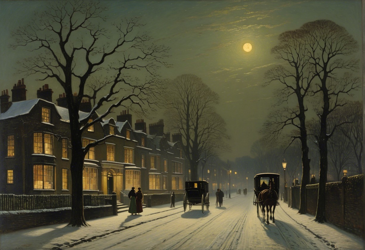 Winter Evening Scene with Moonlit Street and Snow