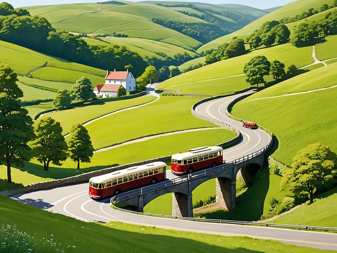 Vintage Buses on Scenic Road with Stone Bridge