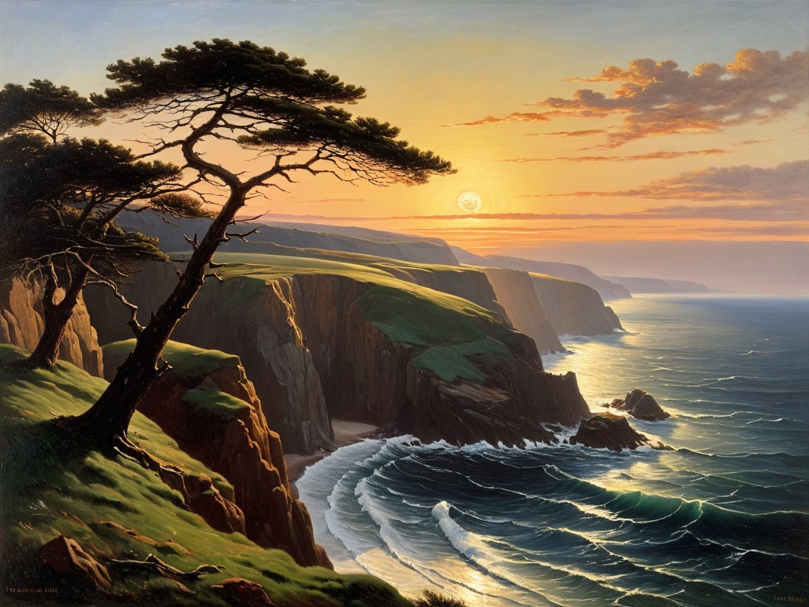Coastal Landscape at Sunset with Dramatic Cliffs