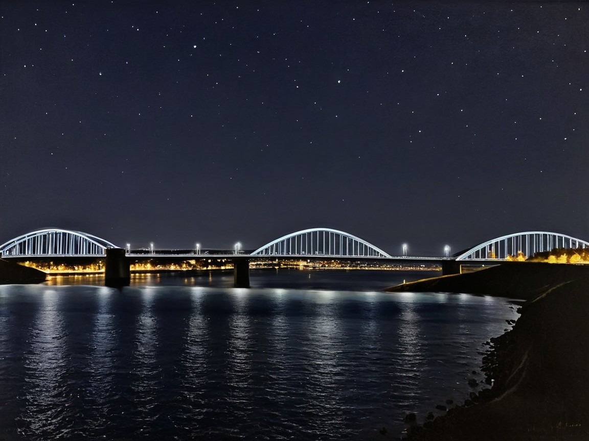 Illuminated Bridge Over Calm Water at Night