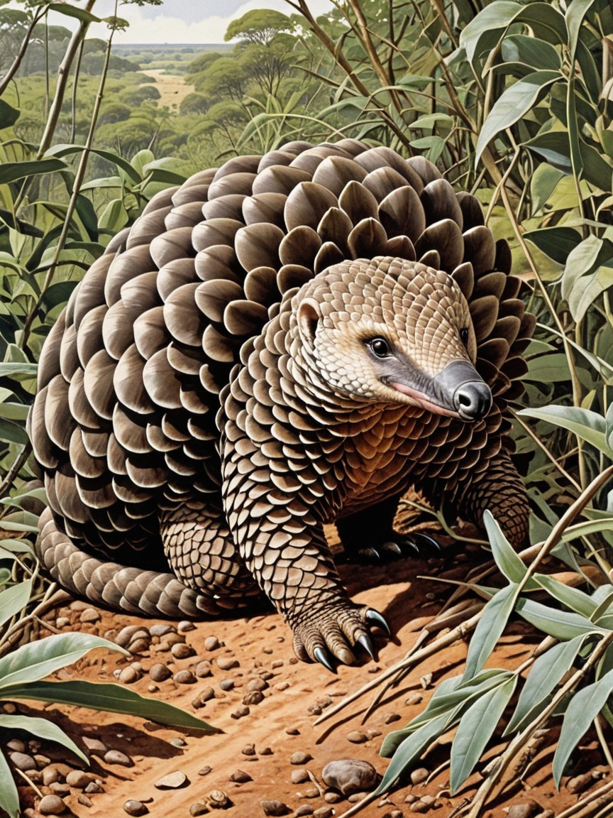 Detailed Illustration of a Pangolin in Natural Habitat