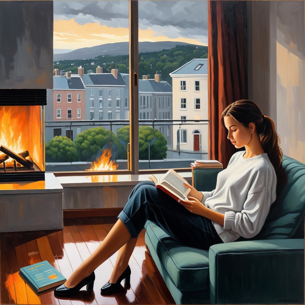 Girl Reading on Teal Sofa with City View and Fireplace