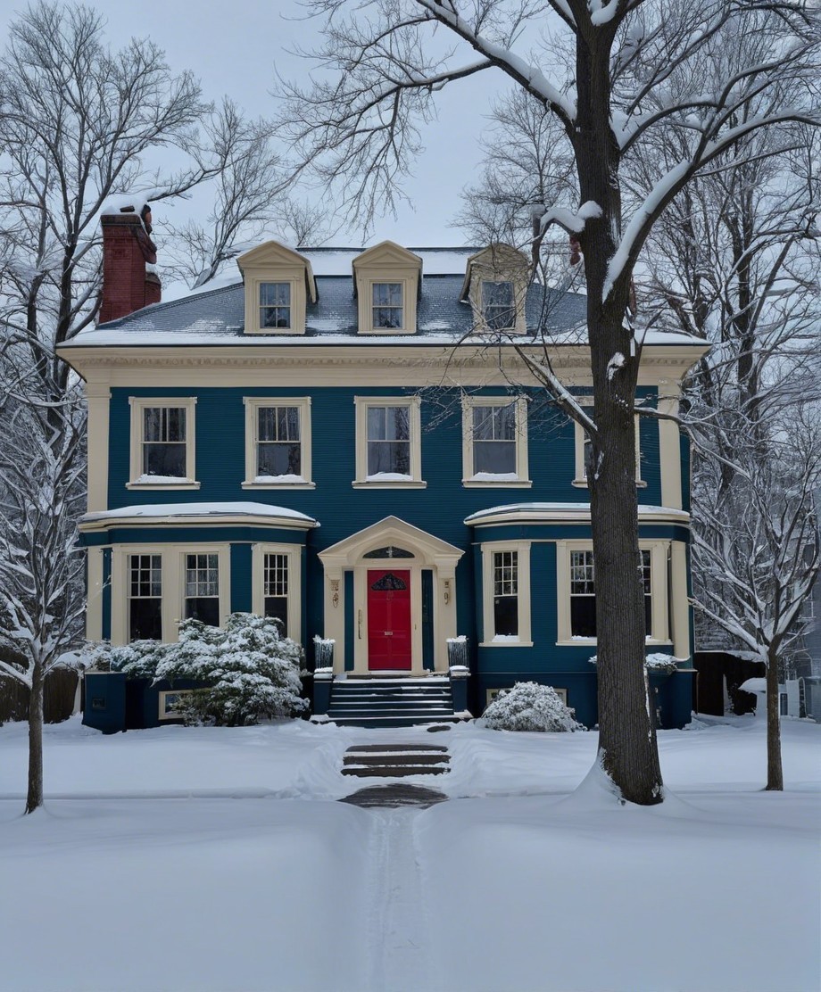 Two-Story Blue House in Winter Landscape