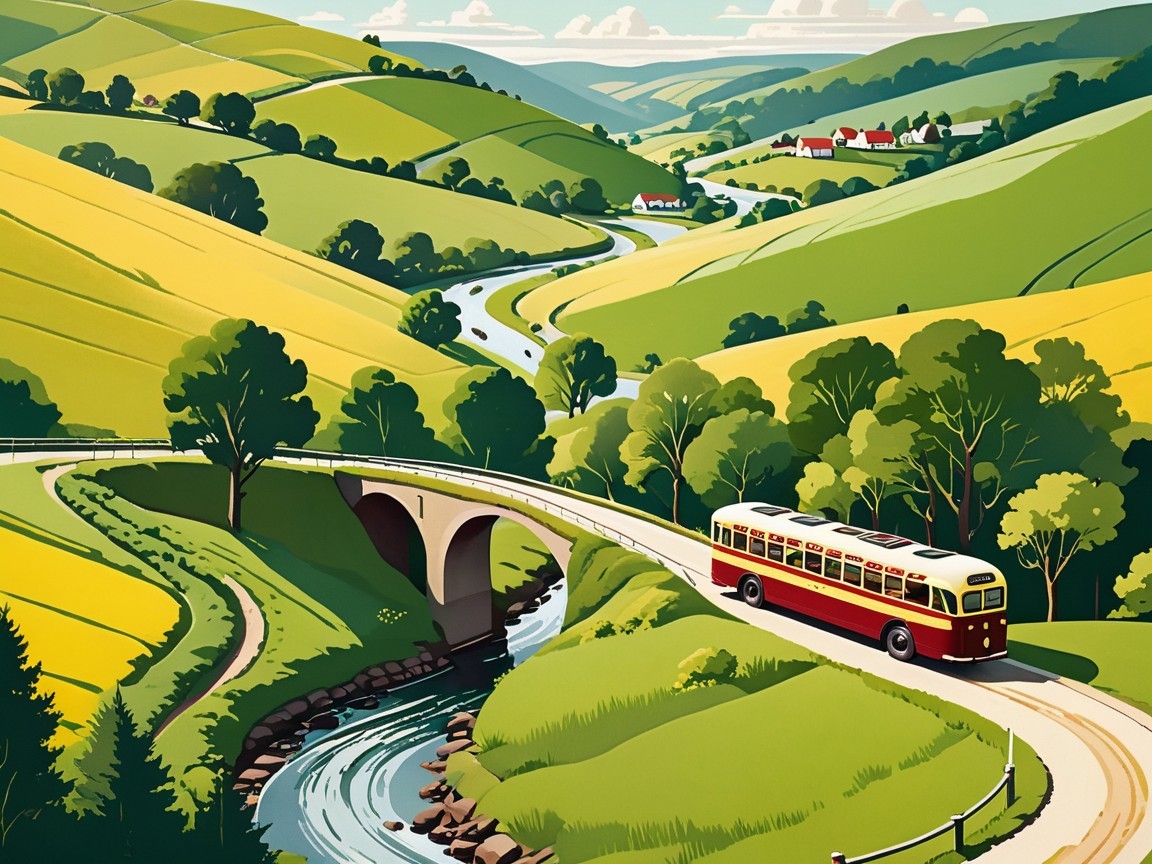 Vintage Illustration of Scenic Countryside Landscape