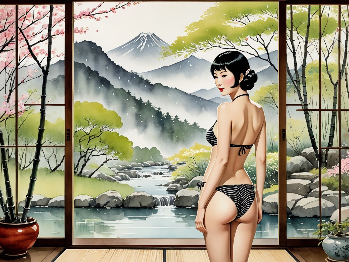 Woman in Striped Bikini with Mount Fuji Landscape