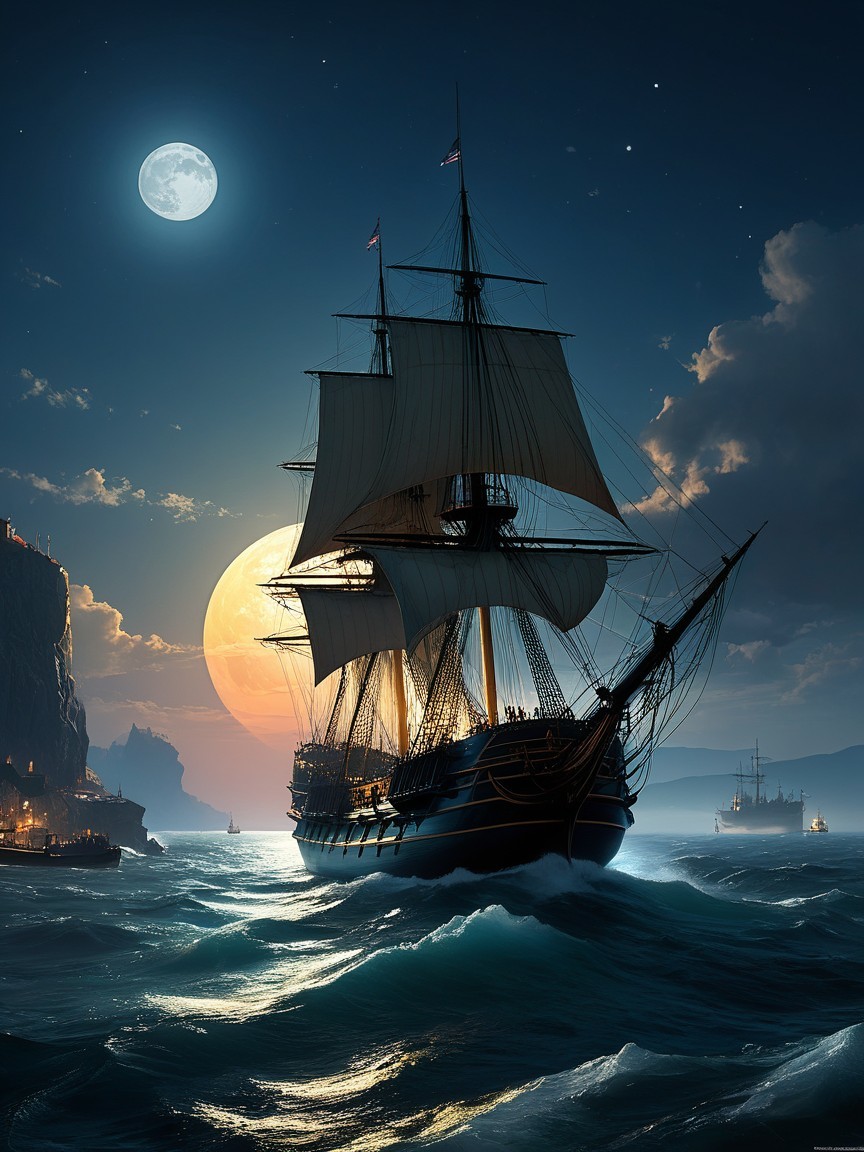 Sailing Ship on Turbulent Waters Under Full Moon