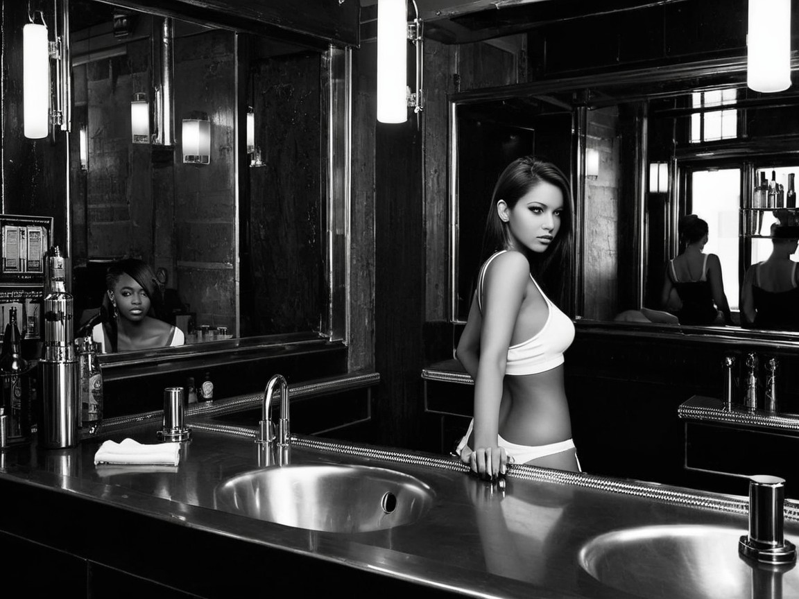 Stylish Black and White Bathroom with Two Women