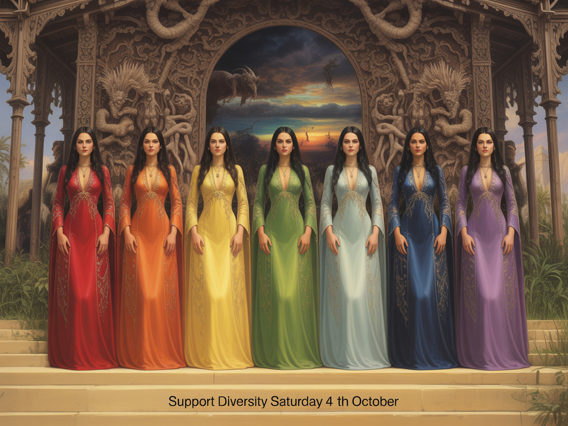 Eight Women in Colorful Gowns Against Ornate Backdrop