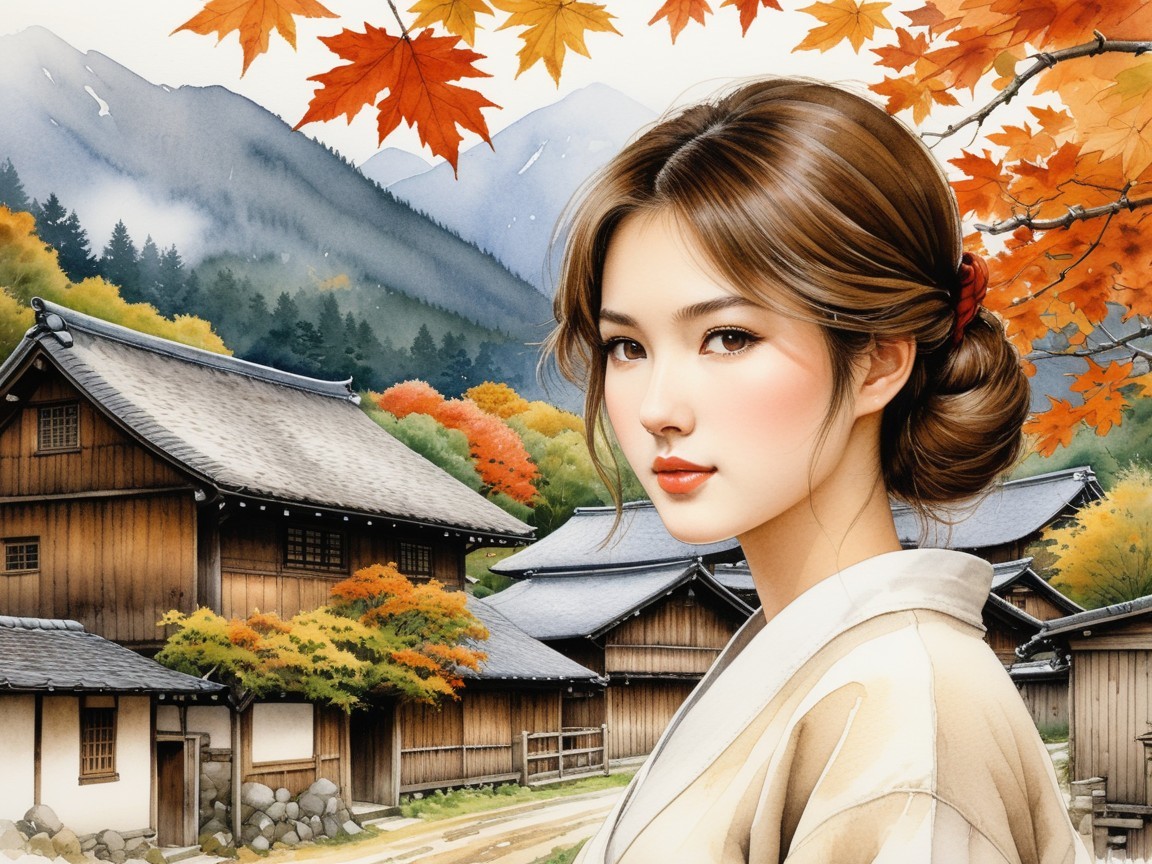Serene Autumn Landscape with Traditional Attire