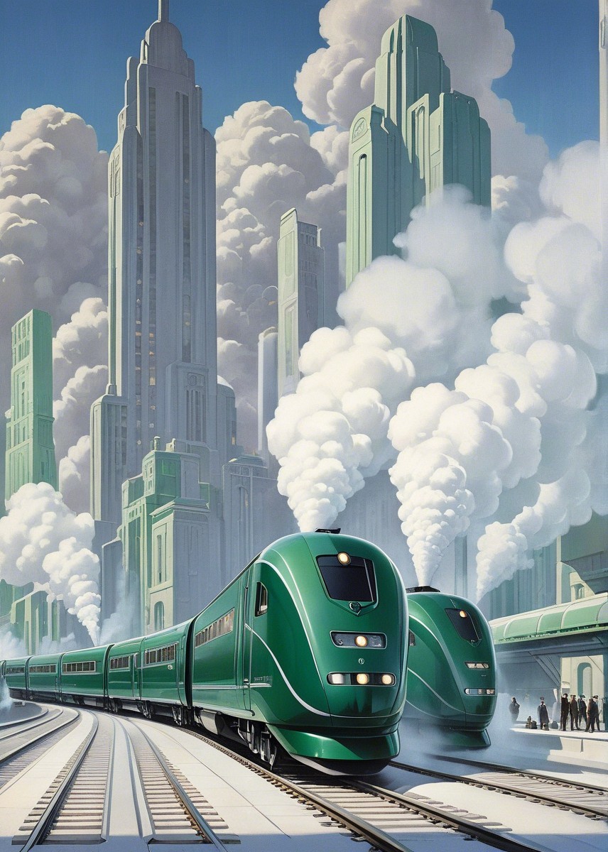 Futuristic cityscape with green trains and skyscrapers