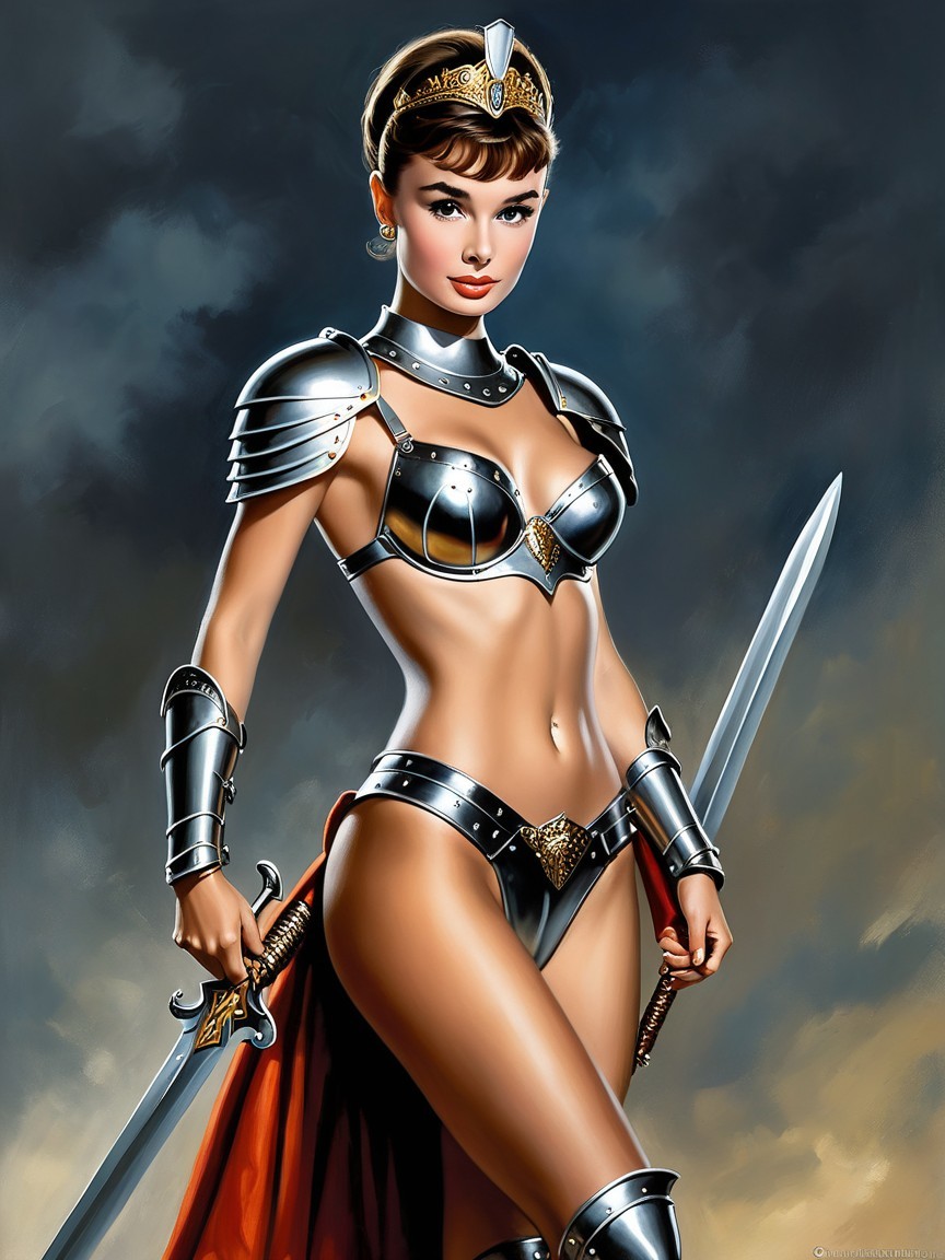 Futuristic Woman in Chrome Armor with Red Cape