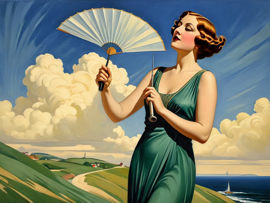 Glamorous Woman in Emerald Dress Against Scenic Hills