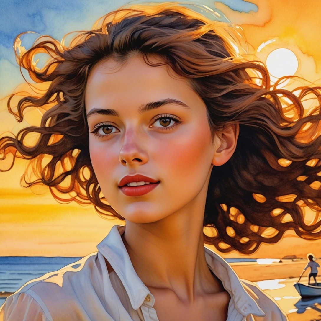 Young woman with brown hair at sunset backdrop