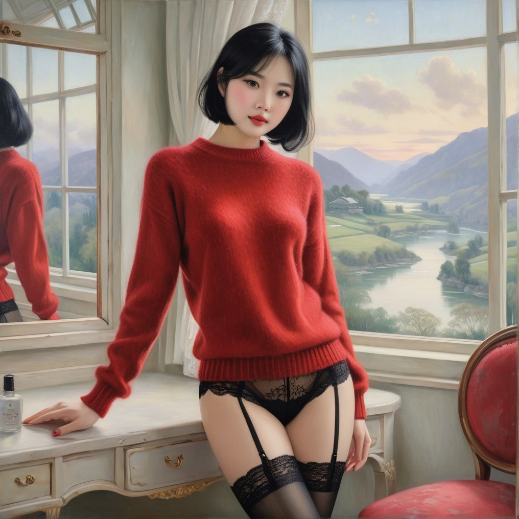 Young Woman in Red Sweater by Dressing Table and Window