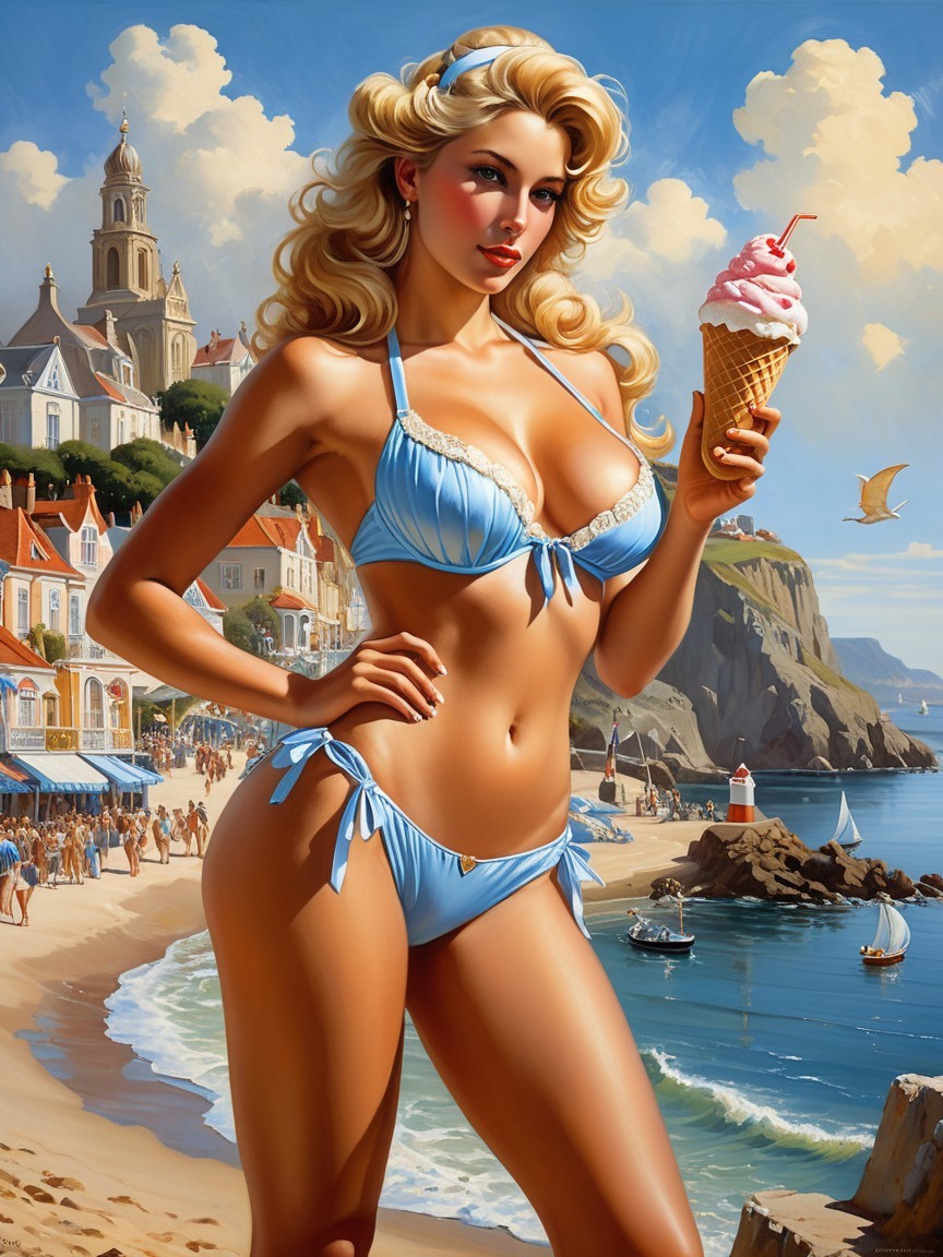 Woman in Blue Bikini on Sandy Beach with Seaside Town