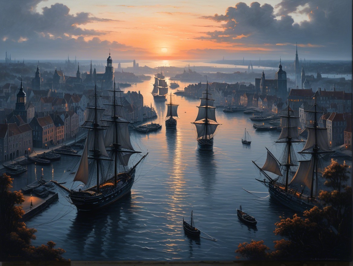 Serene Sunset Maritime Scene with Sailing Ships