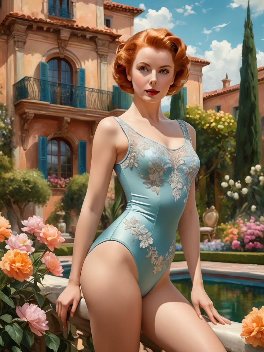 Glamorous Woman in Floral Swimsuit by Poolside Villa