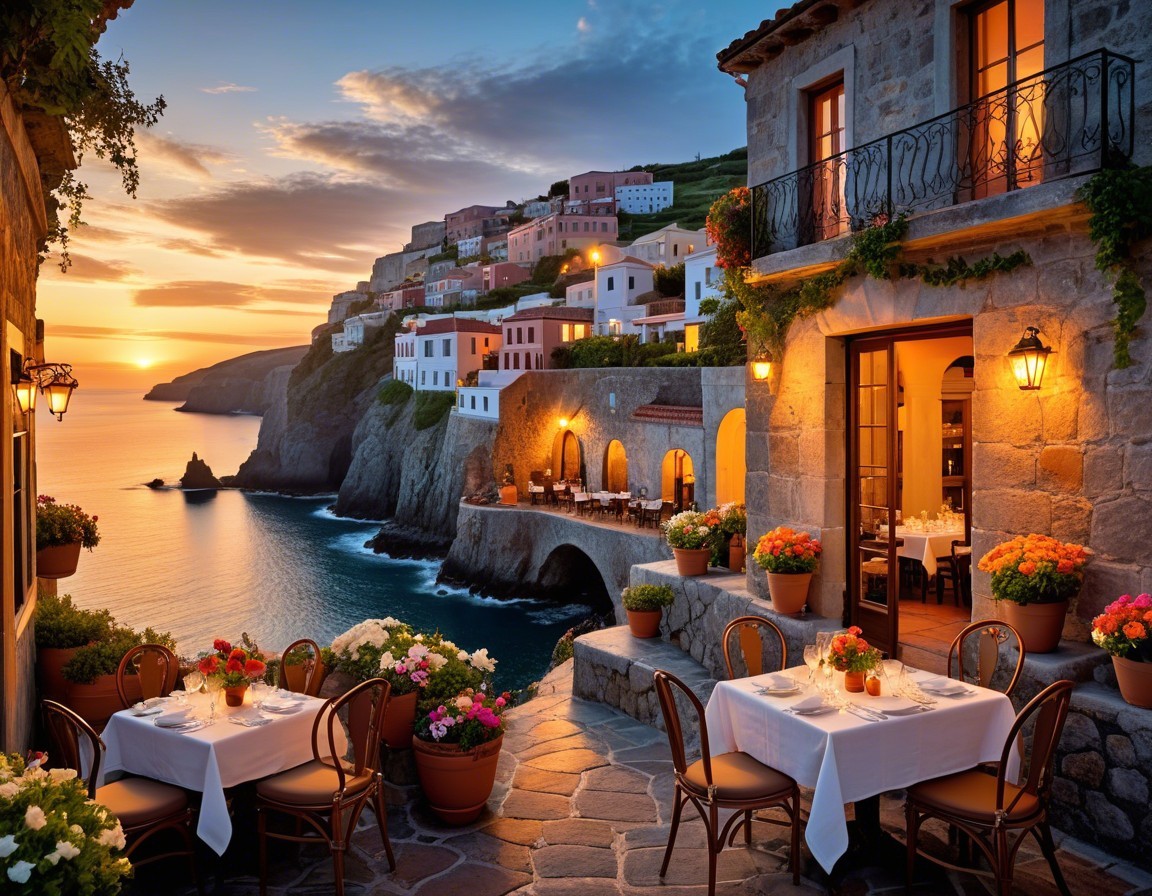 Coastal Sunset Scene with Restaurant and Colorful Houses