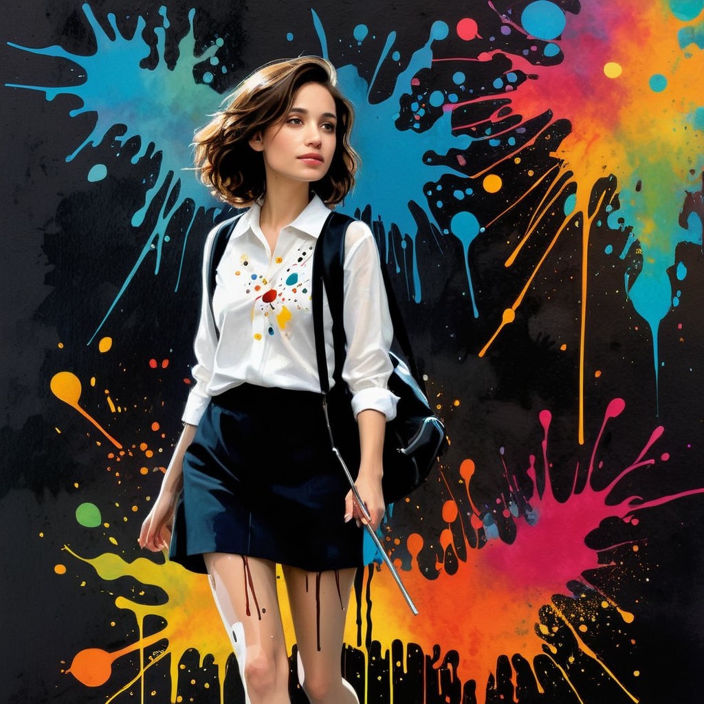 Young woman in colorful setting with paintbrush and backpack