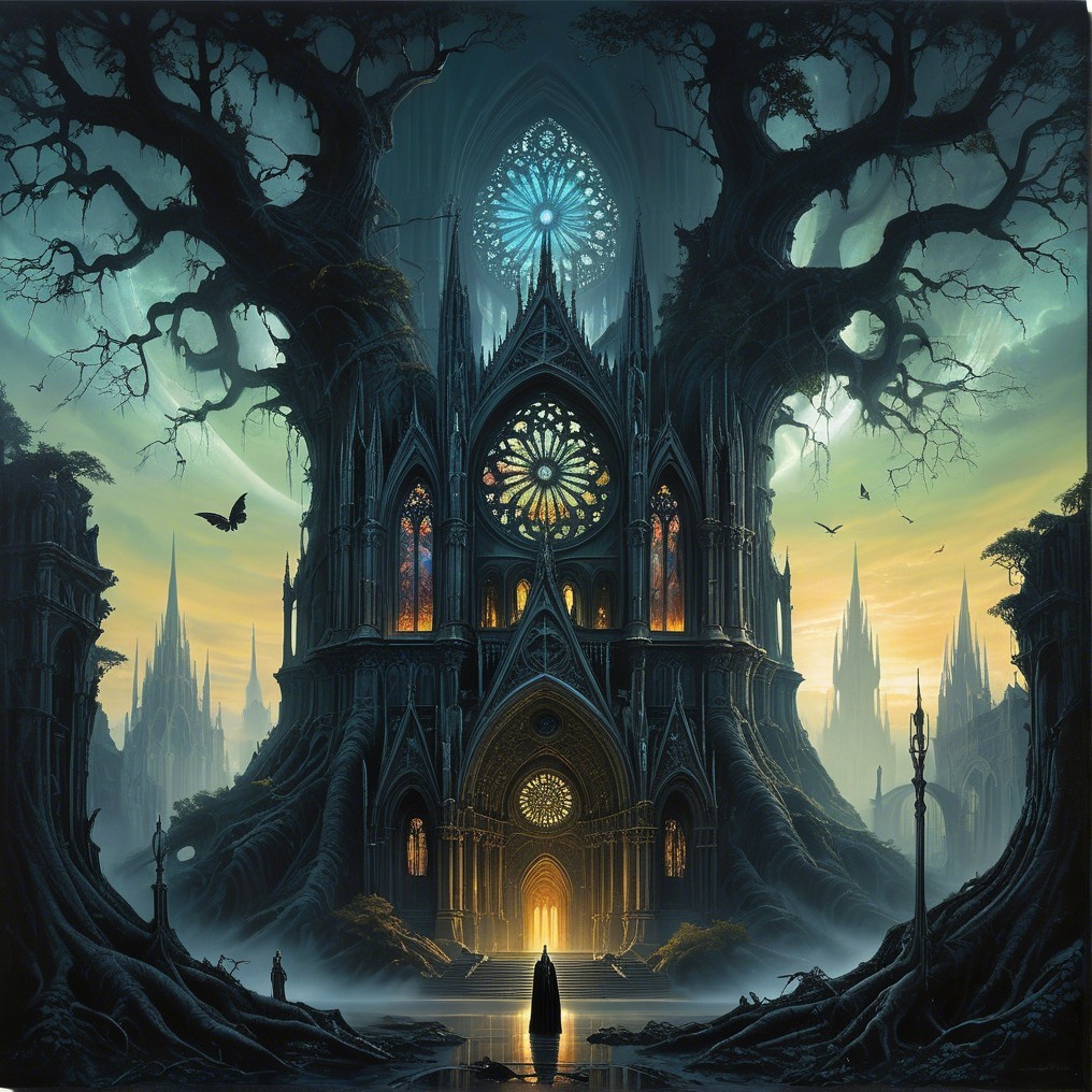Ethereal Cathedral Amidst Twisted Trees at Twilight