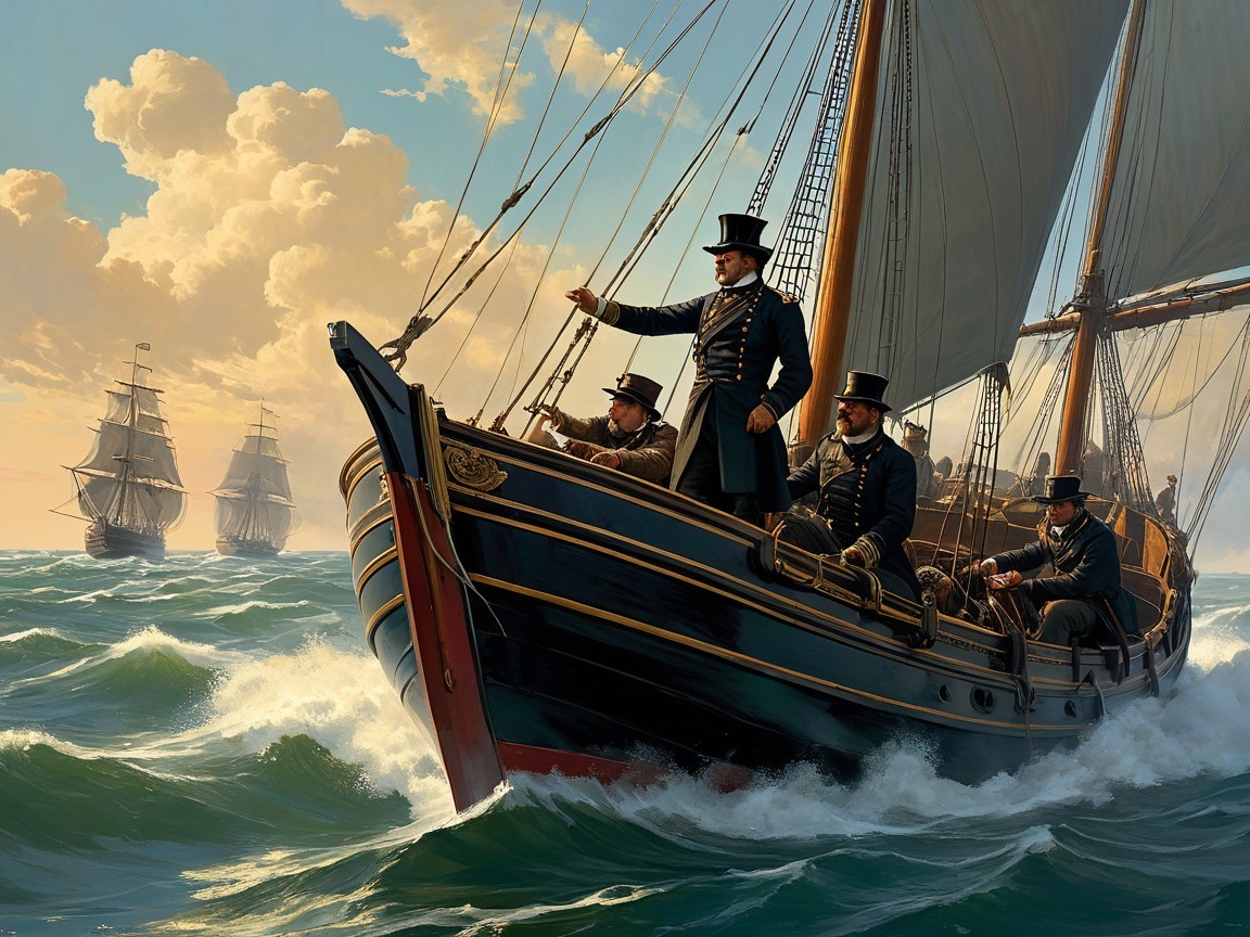 Majestic sailing ship with men in formal attire at helm