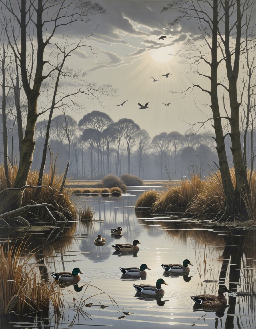 Tranquil Wetland Scene at Dawn with Ducks and Mist