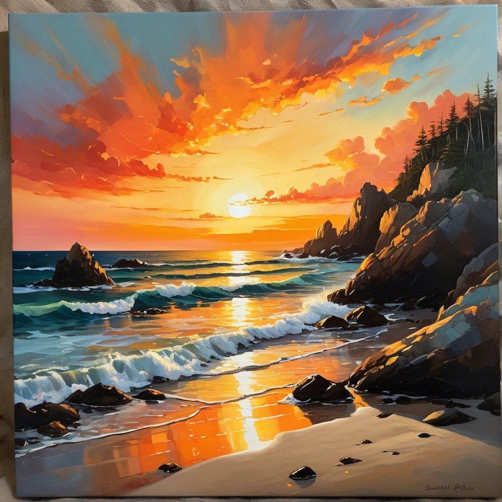 Vibrant Sunset Over Rocky Shoreline and Pine Trees
