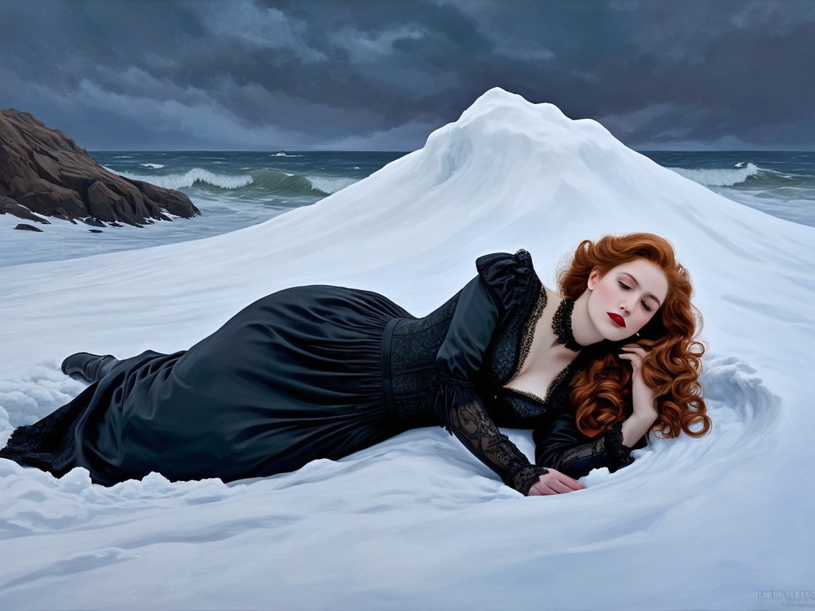Victorian Woman in Black Velvet Gown in Snow Scene