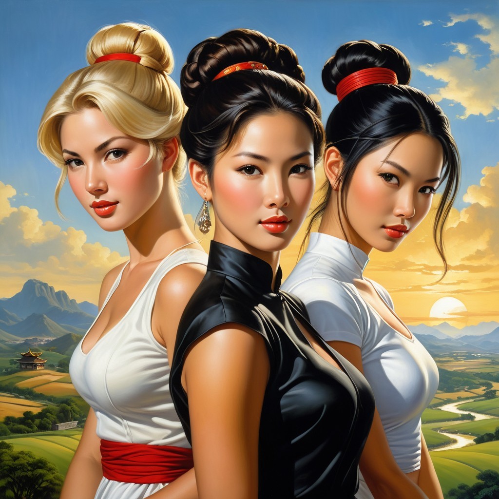 Three Women in Traditional Attire at Sunset Scene