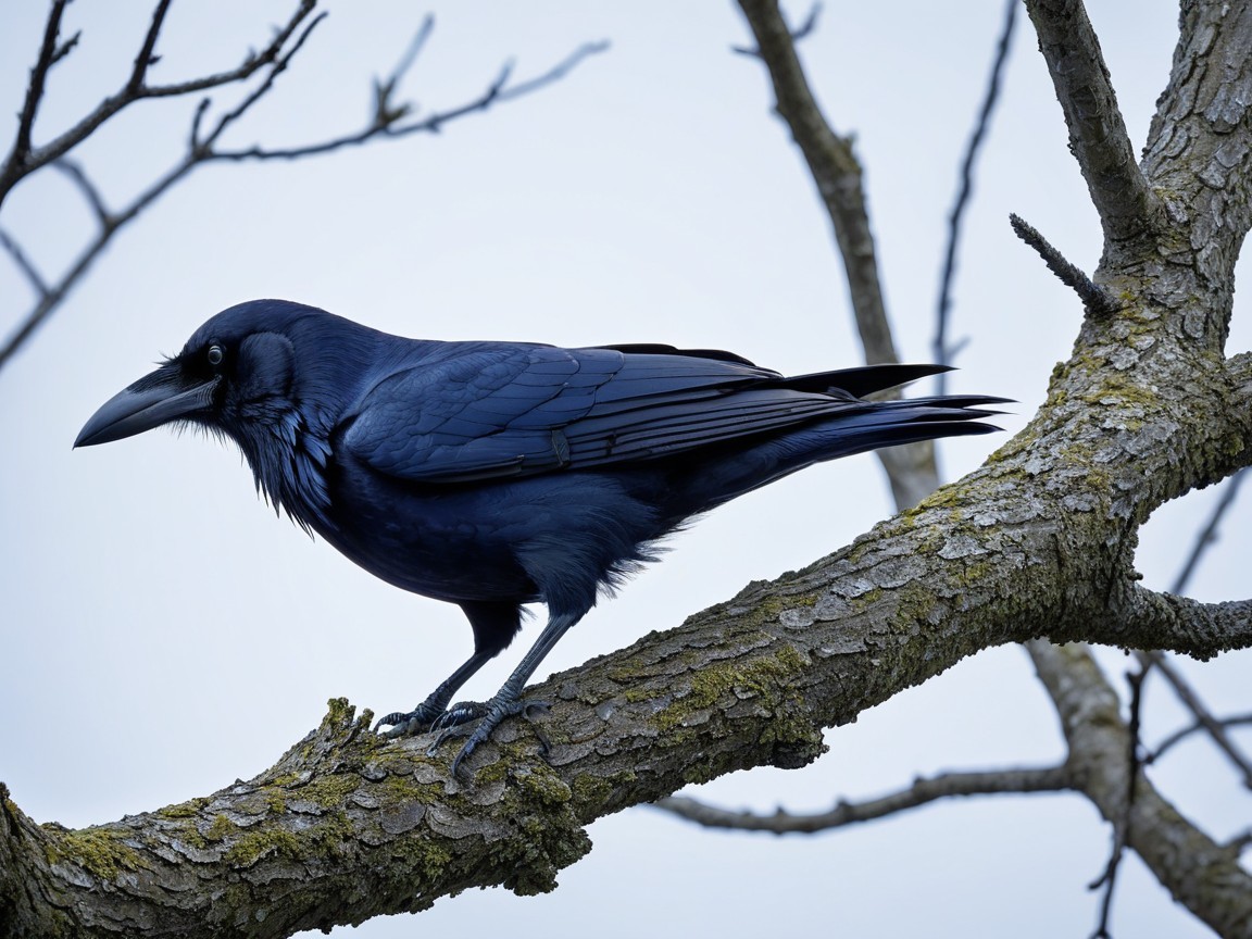 Raven on a Branch with Glossy Black Feathers
