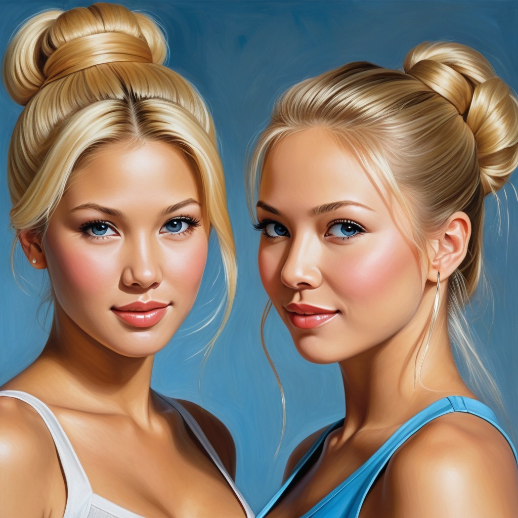 Young Women with Elegant Buns and Blue Background