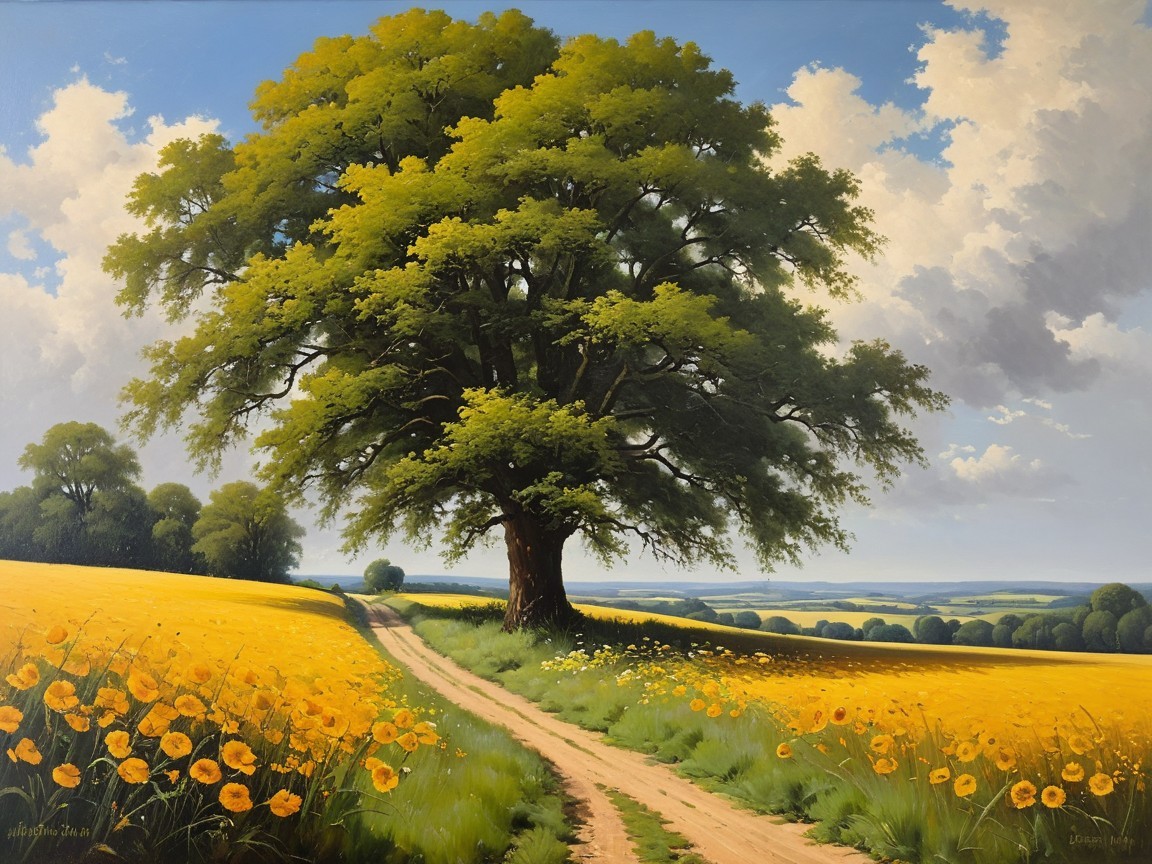 Majestic Tree in Vibrant Yellow Field with Clouds