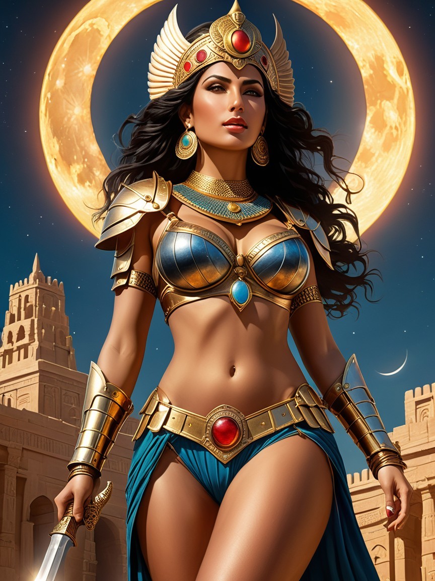 Warrior Woman in Golden Armor in Moonlit Desert