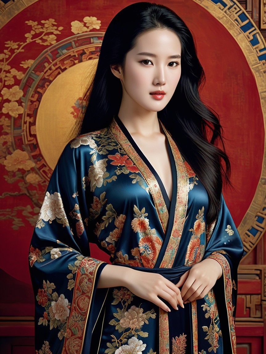 Elegant Woman in Embroidered Floral Robe and Motifs