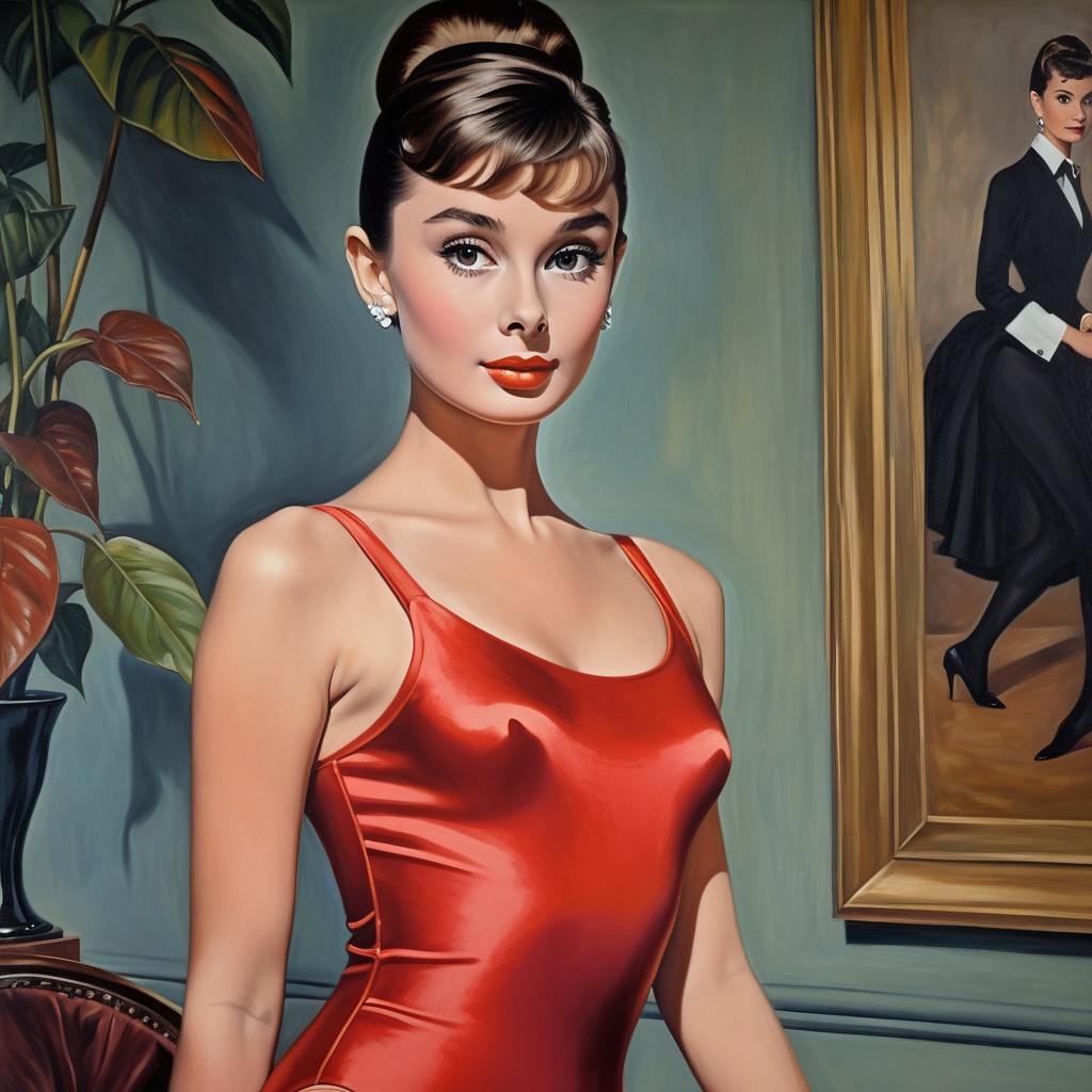 Elegant Female Figure in Red Dress with Vintage Background