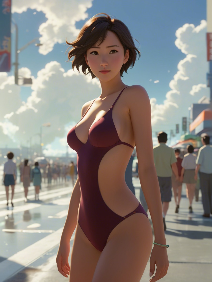 Young Woman in Burgundy Swimsuit in Urban Setting