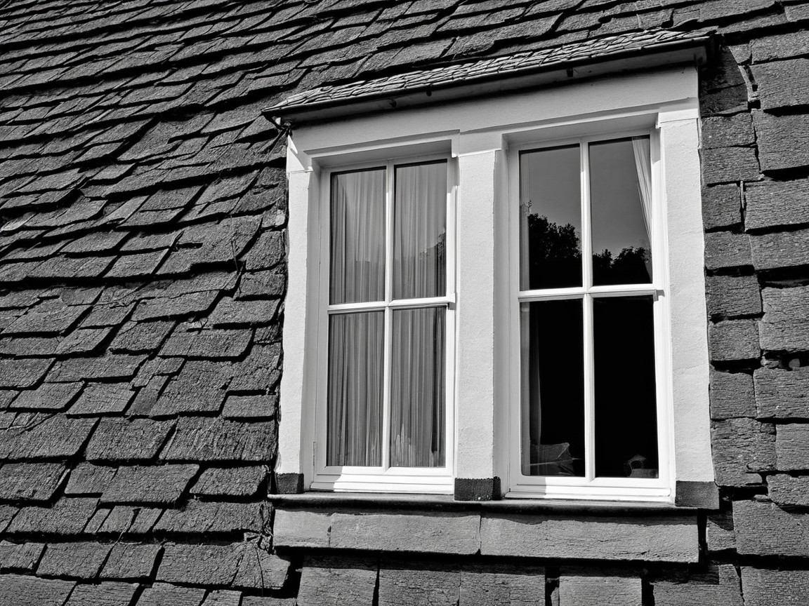 Close-up of a white-framed window on slate roof