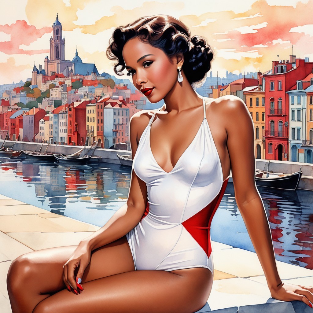 Glamorous Woman in Stylish Swimsuit by Waterfront