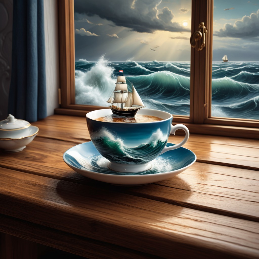 Coffee Cup with Seascape and Ship on Wooden Table