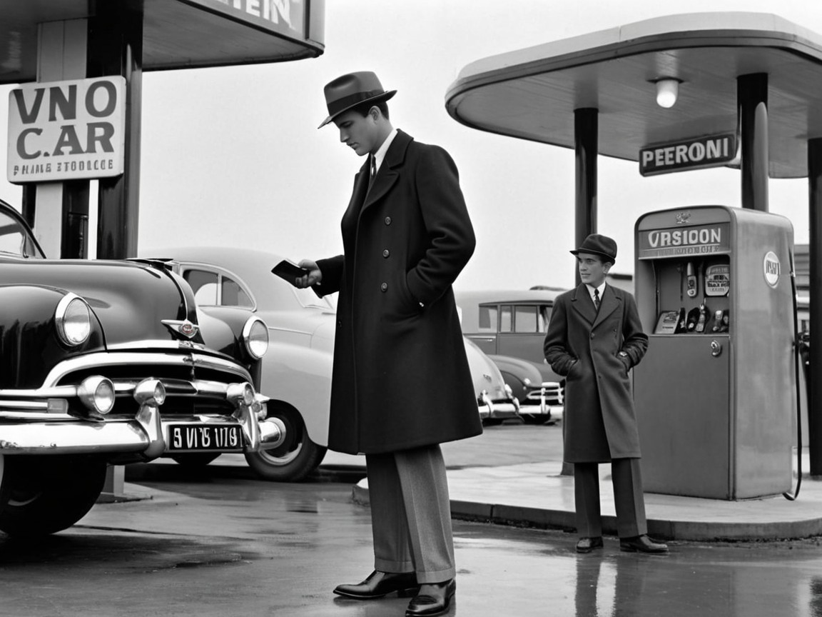 Black and white photo of men at retro gas station