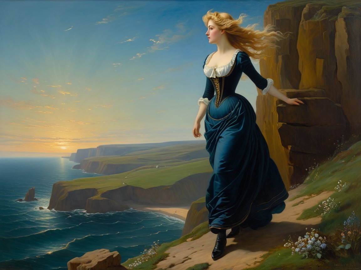 Young Woman in Blue Dress at Ocean Cliff at Sunset