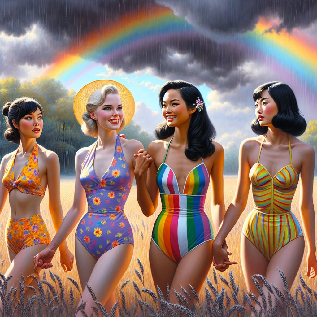 Women in Vintage Swimsuits in Wheat Field Under Rainbow