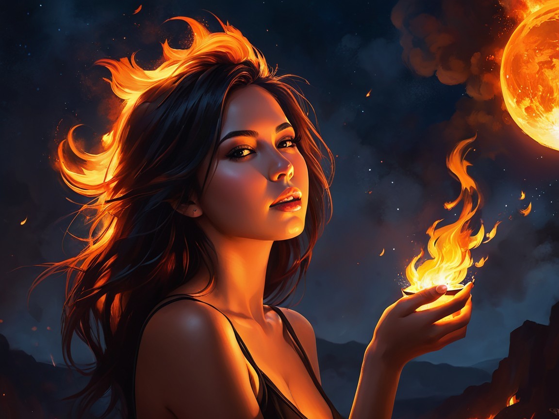 Young Woman with Fiery Hair and Fireball in Night Scene