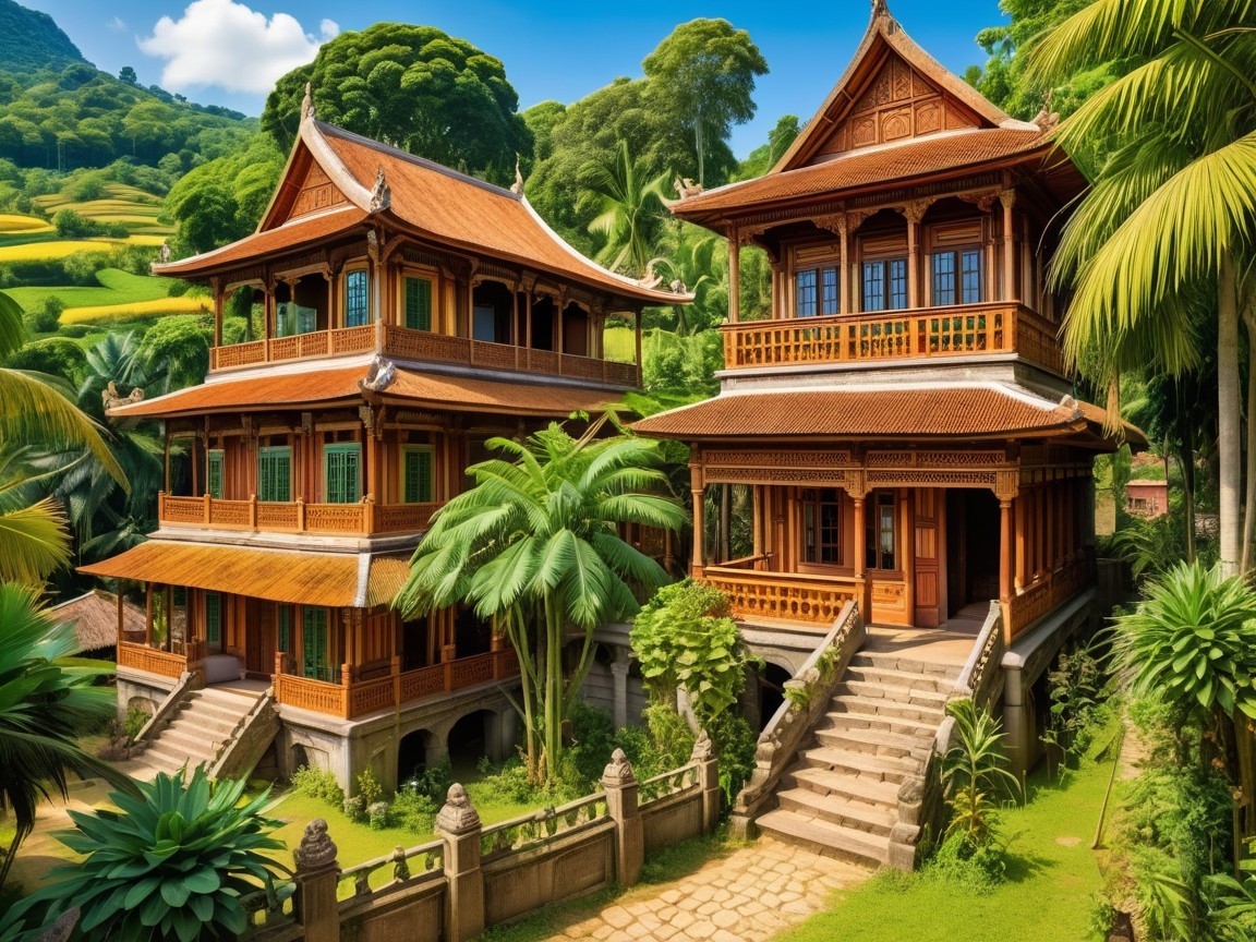 Traditional Wooden Houses in Lush Tropical Setting