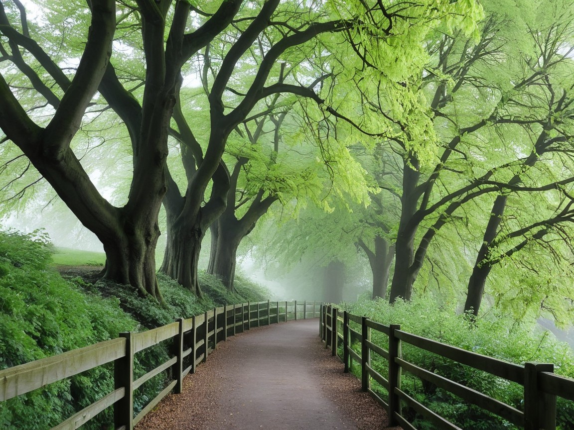 Misty Pathway Through a Lush Green Forest