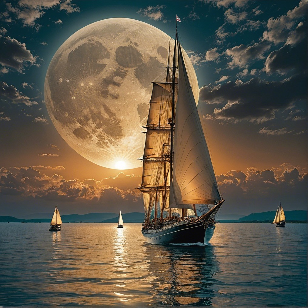 Sailing Ship on Calm Waters Under Full Moonlight