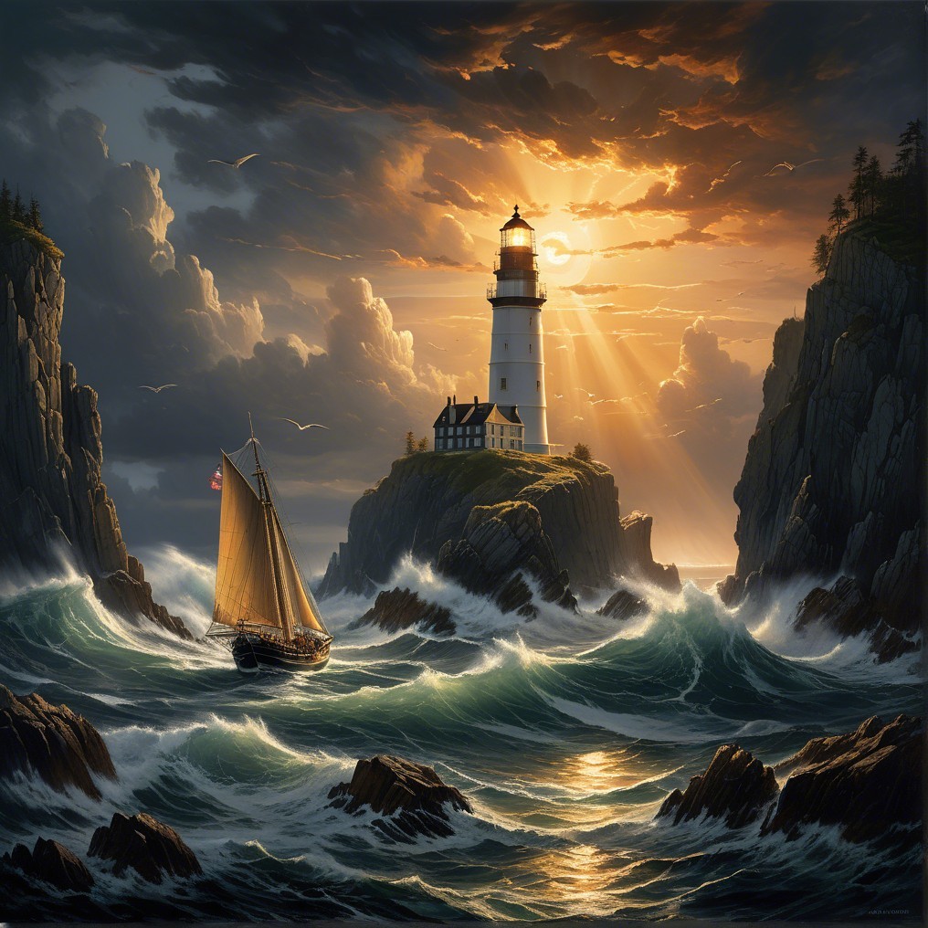 Lighthouse on Rugged Coastline at Dramatic Sunset