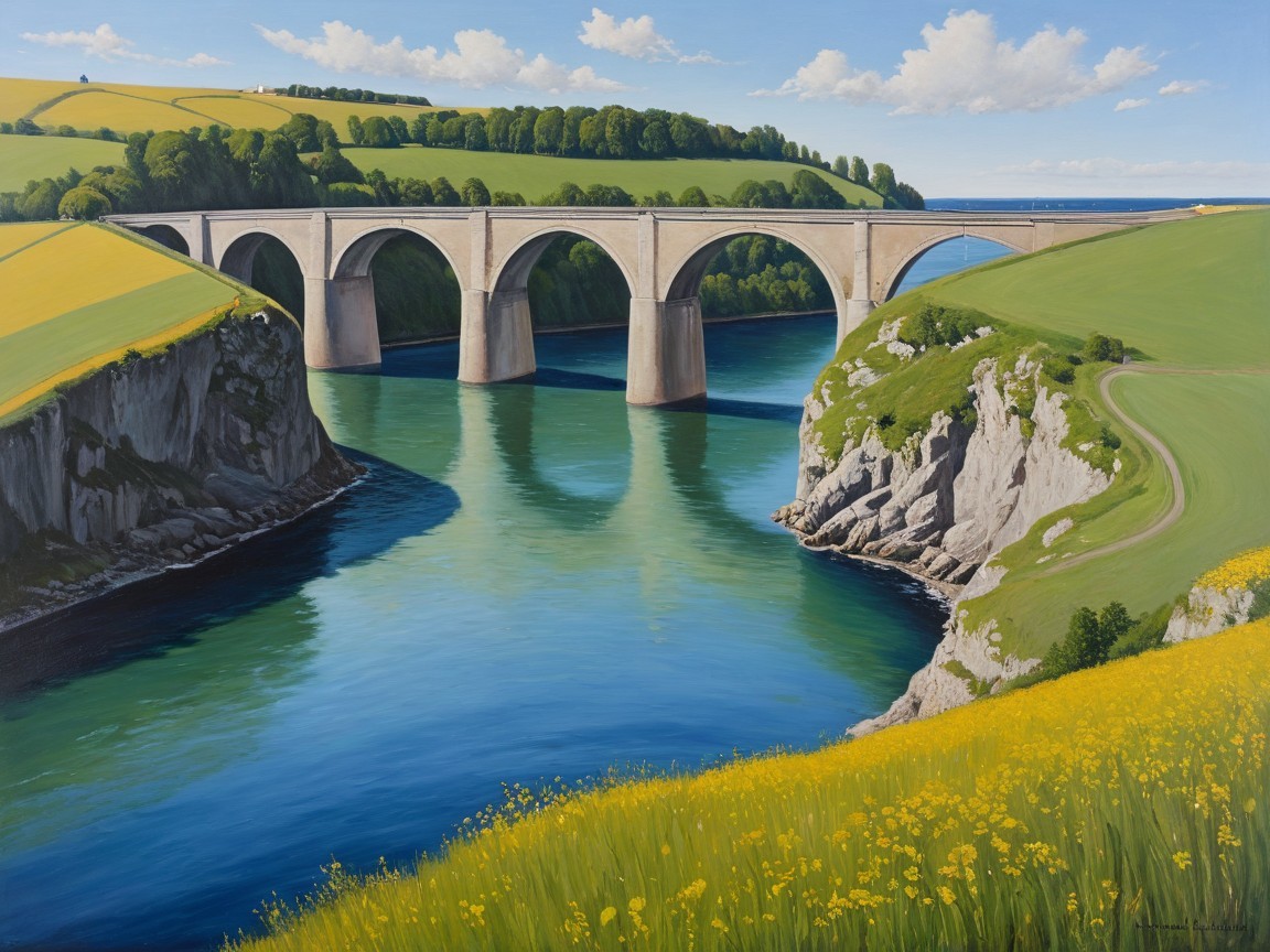 Landscape Painting of Stone Viaduct Over Blue River