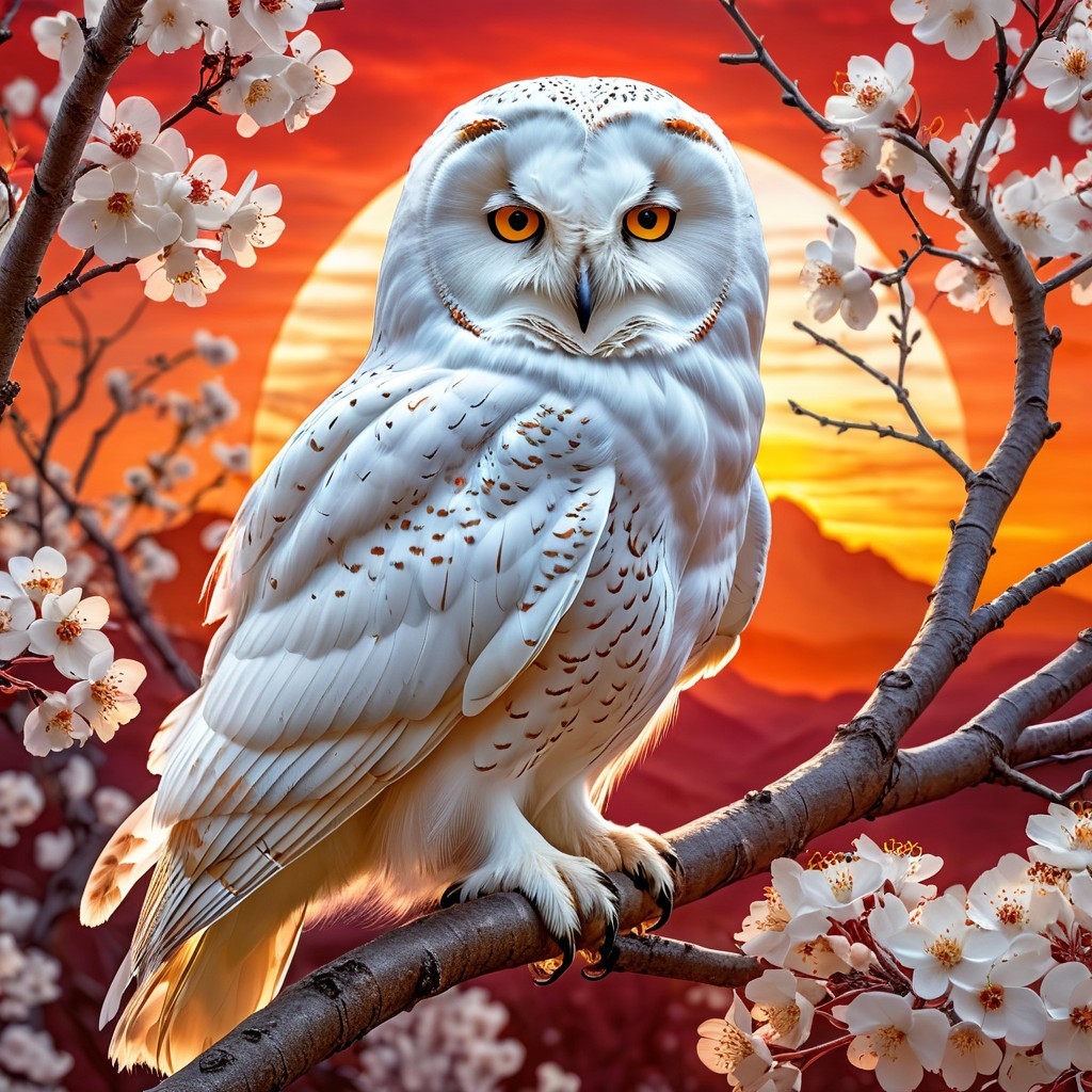 White Owl with Orange Eyes Amid Blossoms at Sunset